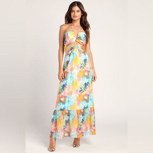 LULUS Stunning One Multi Abstract Print Drawstring
Halter Maxi Dress size M Sun - Picture 5 of 10